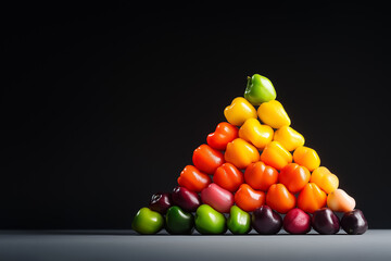 A striking arrangement of peppers showcases a vivid pyramid, blending hues from green to red. This arrangement creates an eye-catching display that draws attention to fresh produce