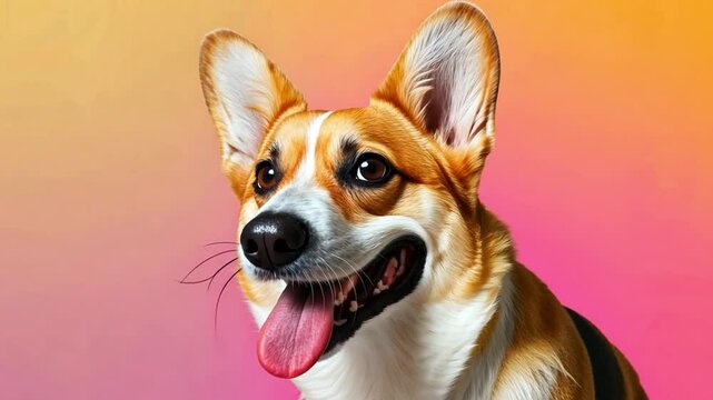 Cheerful Corgi Dog with Large Ears and Playful Expression Friendly Pet Animal with Tongue Out and Vibrant Fur Against Gradient Background