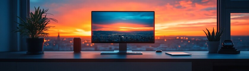 a scenic view of a computer monitor displaying a sunset over a cityscape