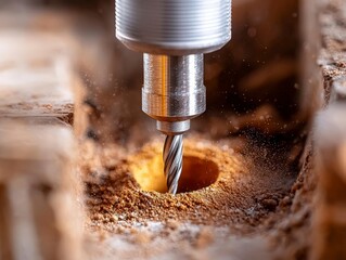 Precision drilling tool with sharp bit creating a hole in wood, showcasing craftsmanship and woodworking techniques