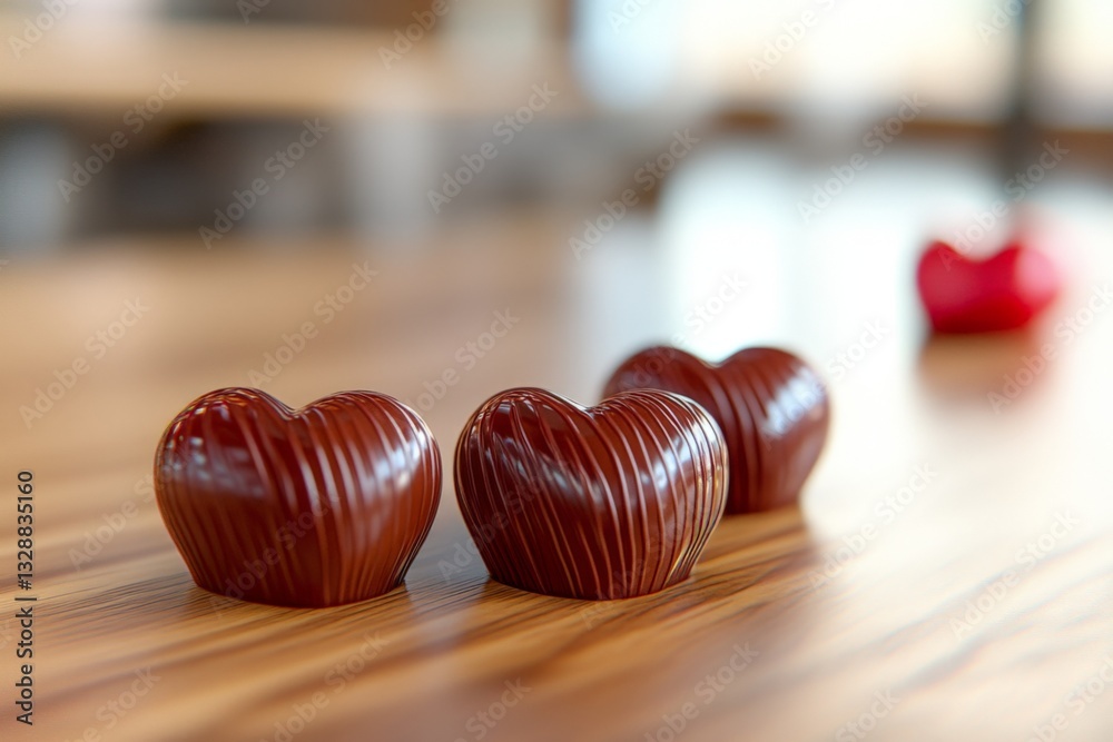 Poster chocolate hearts arranged on a wooden table with a softly blurred red heart in the background during