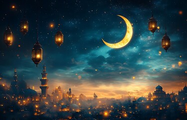 Mystical Night Scene with Crescent Moon and Glowing Lanterns