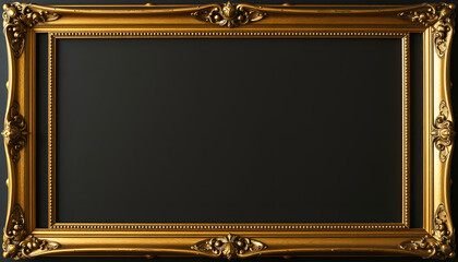 Golden rectangle frame for photo or painting in antique vintage style, graphic novel art. isolated with white highlights
