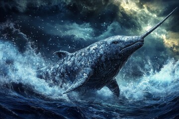 Majestic narwhal breaches the ocean surface amidst turbulent waves and stormy skies