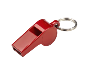 Close-up shot of a red metal whistle, isolated on a clean white transparent background, perfect for product photography or advertising visuals