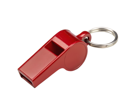 Close-up shot of a red metal whistle, isolated on a clean white transparent background, perfect for product photography or advertising visuals