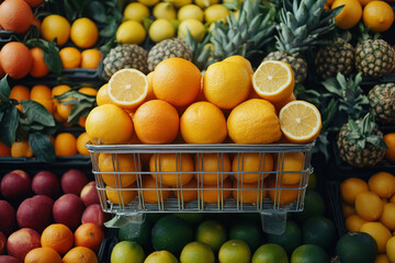 Fresh oranges in basket at vibrant fruit market