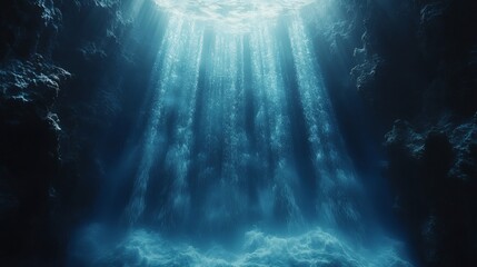 Obraz premium sunlight streams through the water, illuminating the underwater cave and its mysterious depths