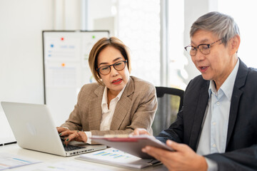 Fototapeta premium People, clipboard , tablet laptop and paperwork in office for planning, problem solving or budget meeting. Teamwork looking in paper for opinion, review feedback brainstorming productivity at paper