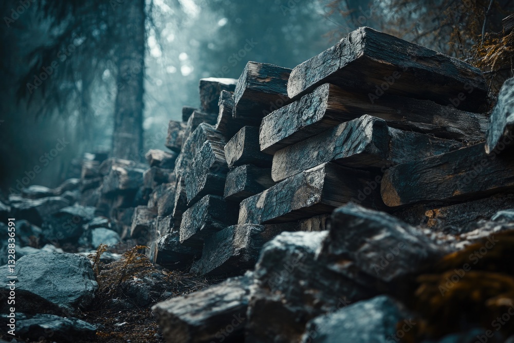 Poster A pile of logs stacked on top of a pile of rocks in a natural setting