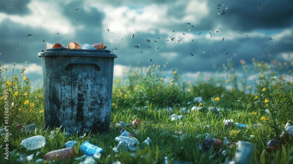 Poster a trash can sits in the middle of a green field, surrounded by nature