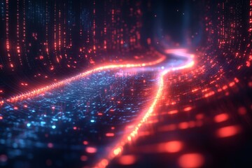 Obraz premium glowing data streams with a vibrant path in a digital tunnel, signifying network