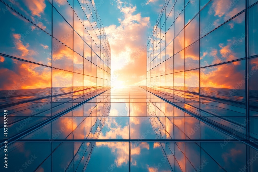 Poster reflections of the sunset in modern skyscrapers creating a vibrant atmosphere in an urban setting