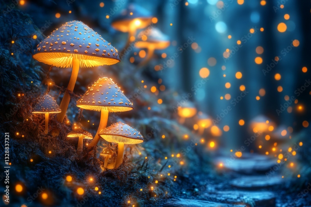 Poster enchanted forest pathway illuminated by glowing mushrooms during twilight hours