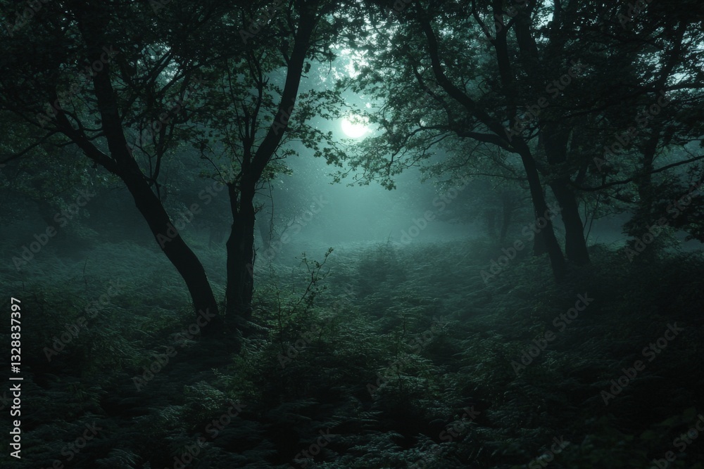 Aufkleber Misty forest at dawn with fog creating an ethereal atmosphere and silhouettes of trees in serene surroundings