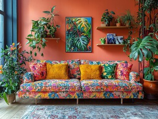 Modern colorful interior living room with sofa mock up poster shelf plants decorations