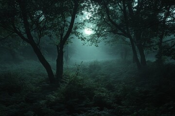 Misty forest at dawn with fog creating an ethereal atmosphere and silhouettes of trees in serene surroundings