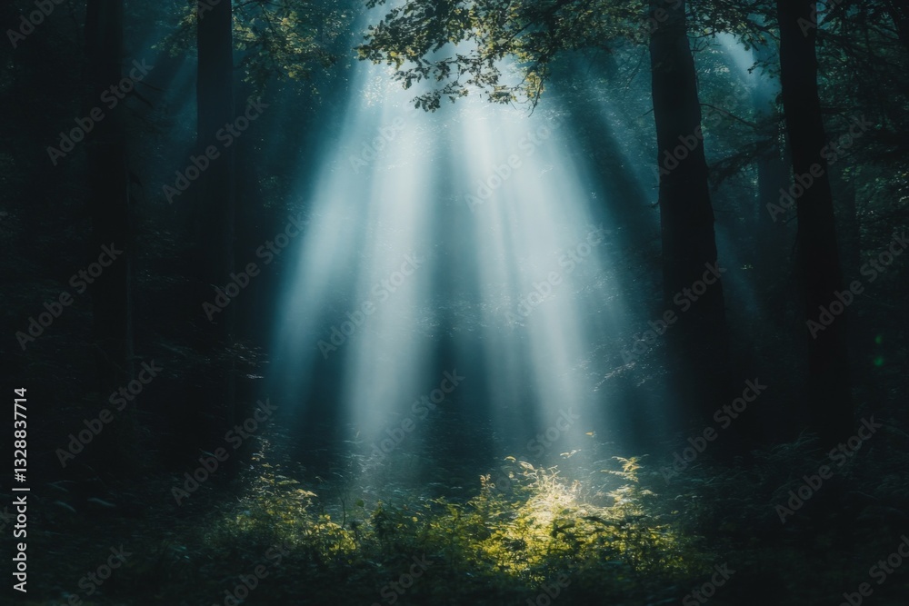 Aufkleber Light rays break through the forest canopy creating a magical atmosphere in a serene woodland