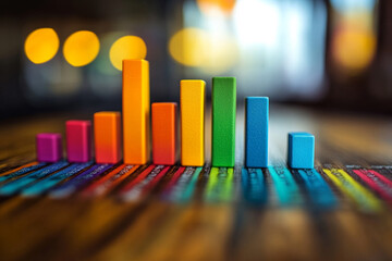 Colorful bar graph on wooden surface with blurred lights