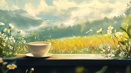 A sleek coffee cup on a balcony overlooking a peaceful spring meadow. digital