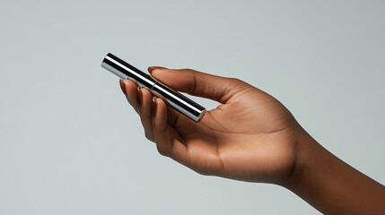 A hand holding a silver tube against a gray background