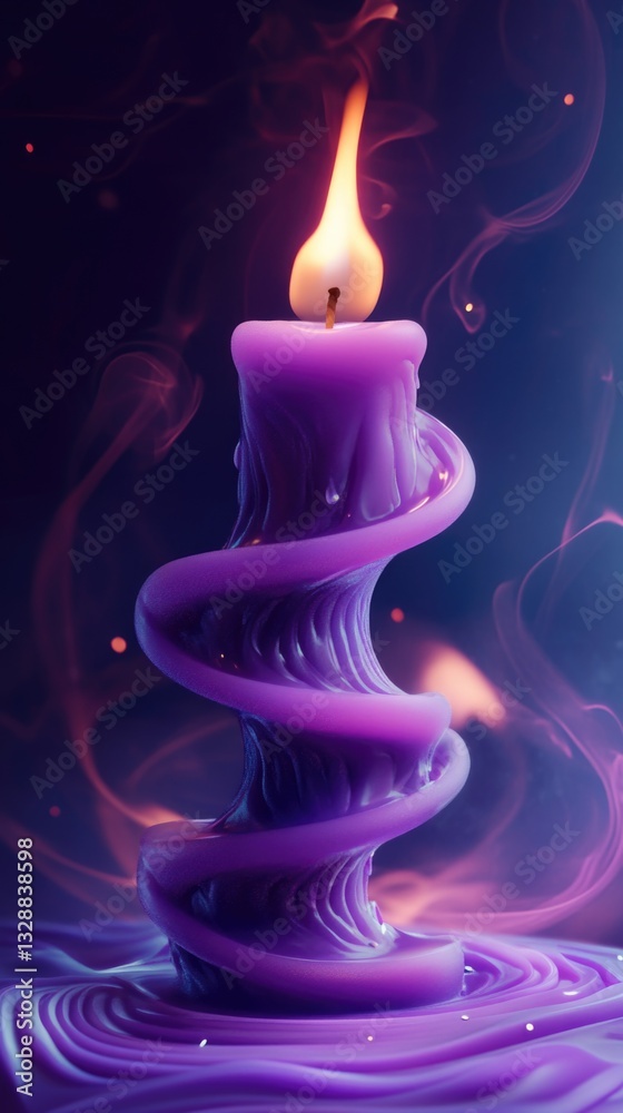 Poster a single purple candle sits atop a table, perfect for adding ambiance to any setting