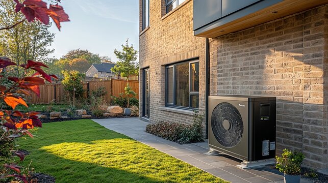 Air source heat pump installed outside a newly developed home
