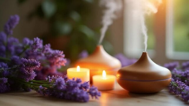 Two wooden essential oil diffusers emitting vapor, surrounded by lit candles and fresh lavender flowers. Soft lighting, natural elements create relaxing atmosphere. Wellness, aromatherapy, relaxation.