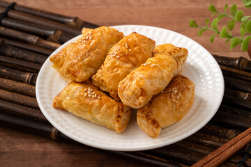 Delicious BBQ pork puff pastry dim sum food.