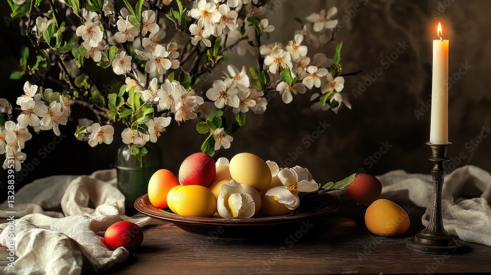 Poster a still life image of a plate of fruit with a candle on a table