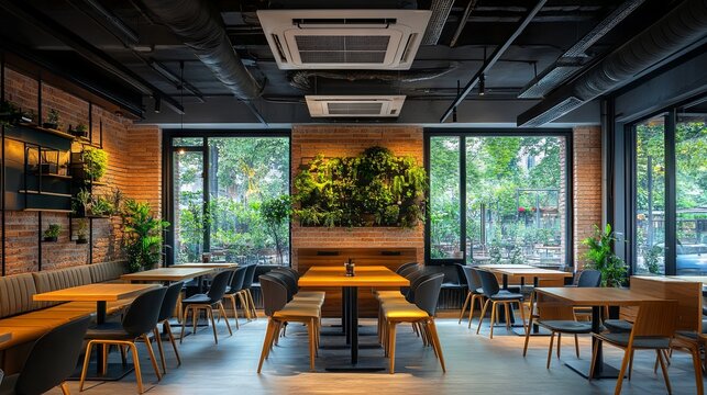 Ceiling-installed cassette-style air conditioning units in a contemporary restaurant
