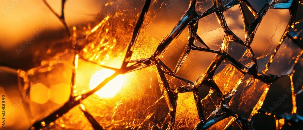 Poster A close-up of a broken glass with the sun shining through, suitable for use in still life or abstract compositions