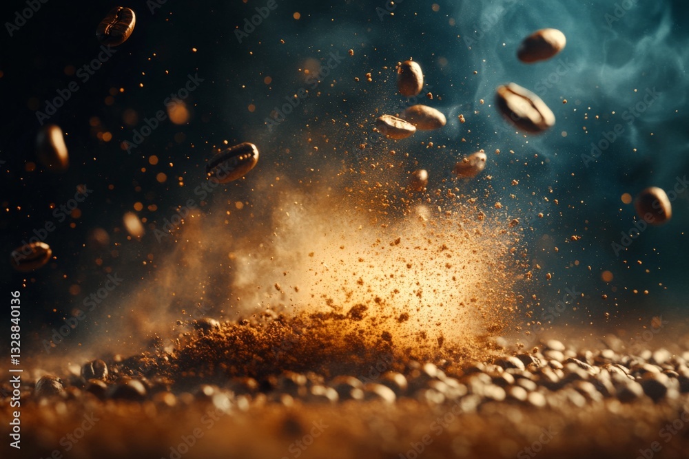 Poster coffee beans exploding in a cloud of dust and aroma in a dark, moody kitchen setting