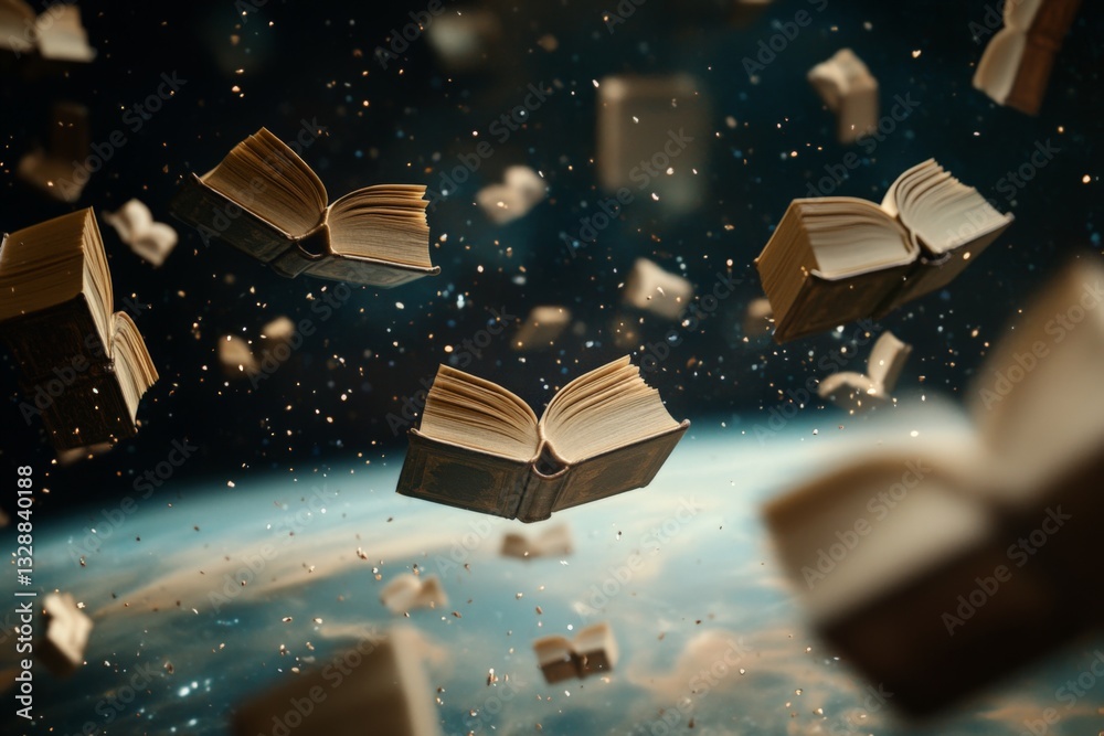 Leinwandbilder books float in space amidst a cosmic backdrop, creating a surreal and imaginative atmosphere for rea