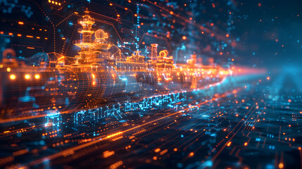 Obraz premium Futuristic battleship navigating through a digital landscape filled with glowing data streams and circuits