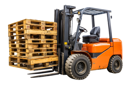 Forklift lifting wooden pallets in warehouse setting