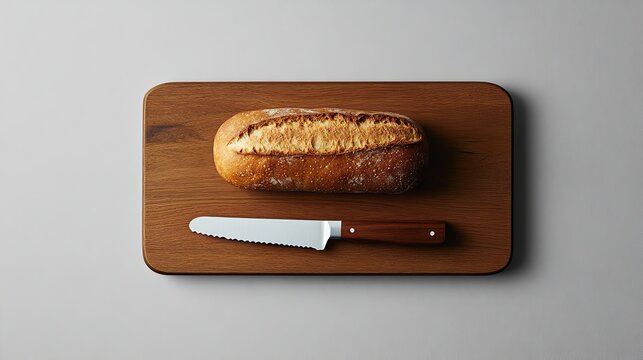 A minimalist breadboard with a single loaf of artisanal bread and a knife. digital