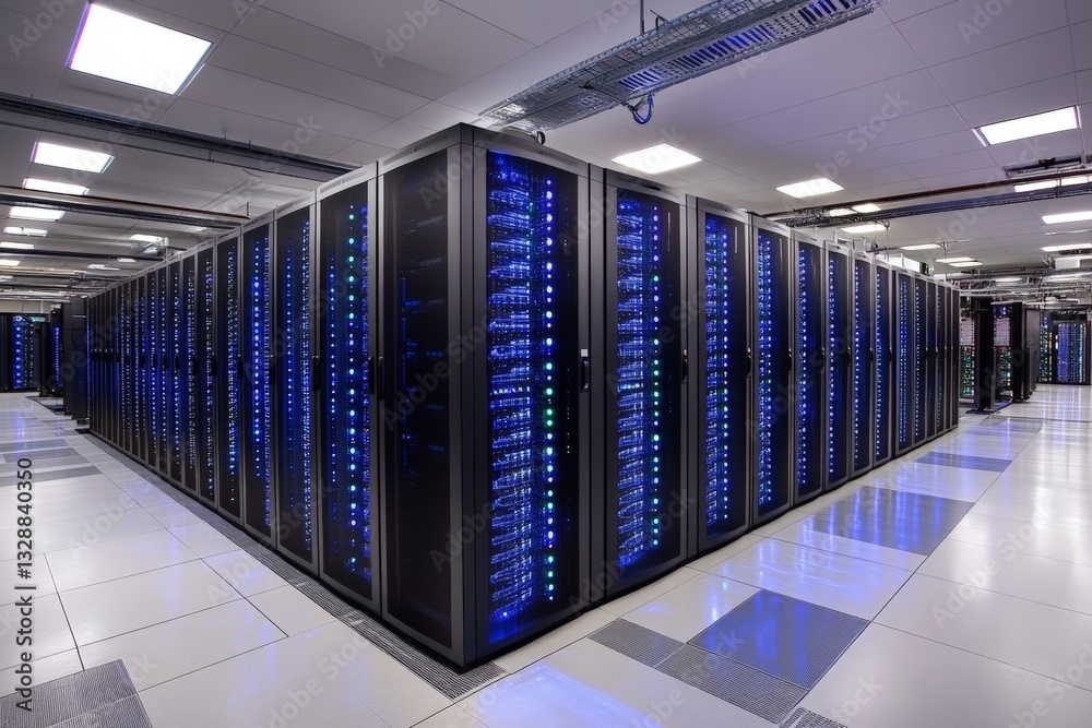 Poster Modern data center with rows of server racks and glowing lights in a controlled environment
