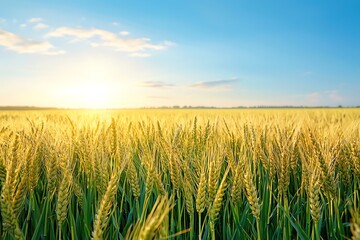 Wheat Field Glowing in Sunlight with Blue Sky and Clouds