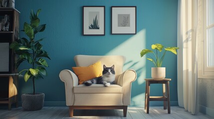 Cute cat lying on armchair in living room modern house interior