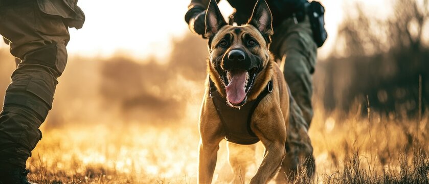 A person walking a dog in an open landscape - Powered by Adobe