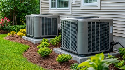 Condenser or compressor unit located outside a home or residential building. Part of a central air conditioning (AC) or heating, ventilation, and air conditioning (HVAC) system. Features an electric f