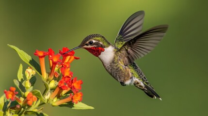 Naklejka premium Stunning Hummingbird Feeding on Bright Orange Flower in Nature
