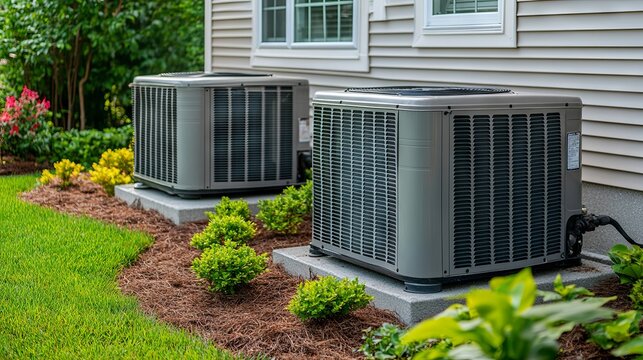 Condenser or compressor unit located outside a home or residential building. Part of a central air conditioning (AC) or heating, ventilation, and air conditioning (HVAC) system. Features an electric f