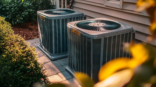 Condenser or compressor unit located outside a home or residential building. Part of a central air conditioning (AC) or heating, ventilation, and air conditioning (HVAC) system. Features an electric f