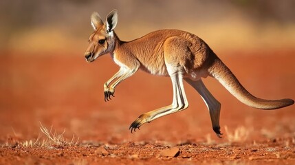 Kangaroo Hopping Across Red Desert Landscape in Beautiful Australia