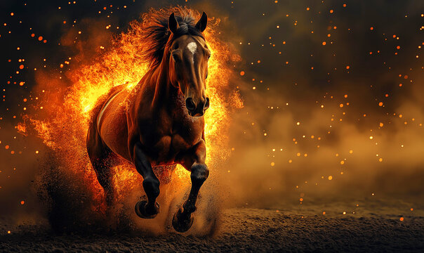 wild horse running in a black background on fire
