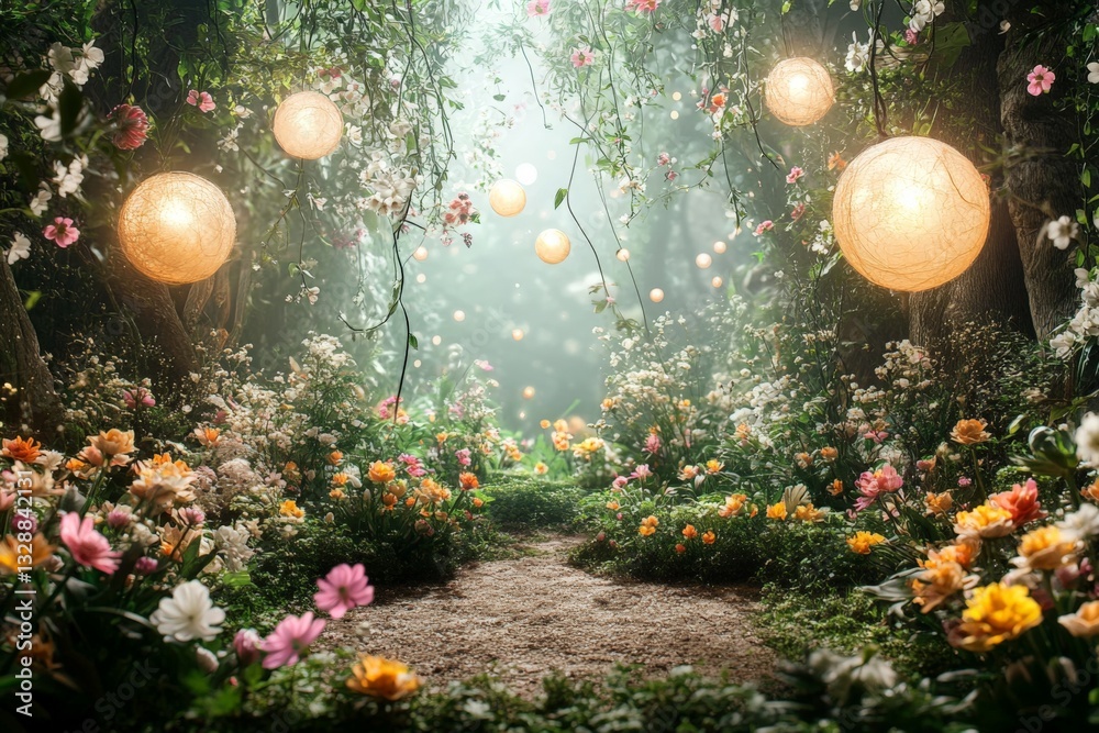 Poster enchanted garden illuminated by decorative lanterns during a serene day in a lush, blooming setting