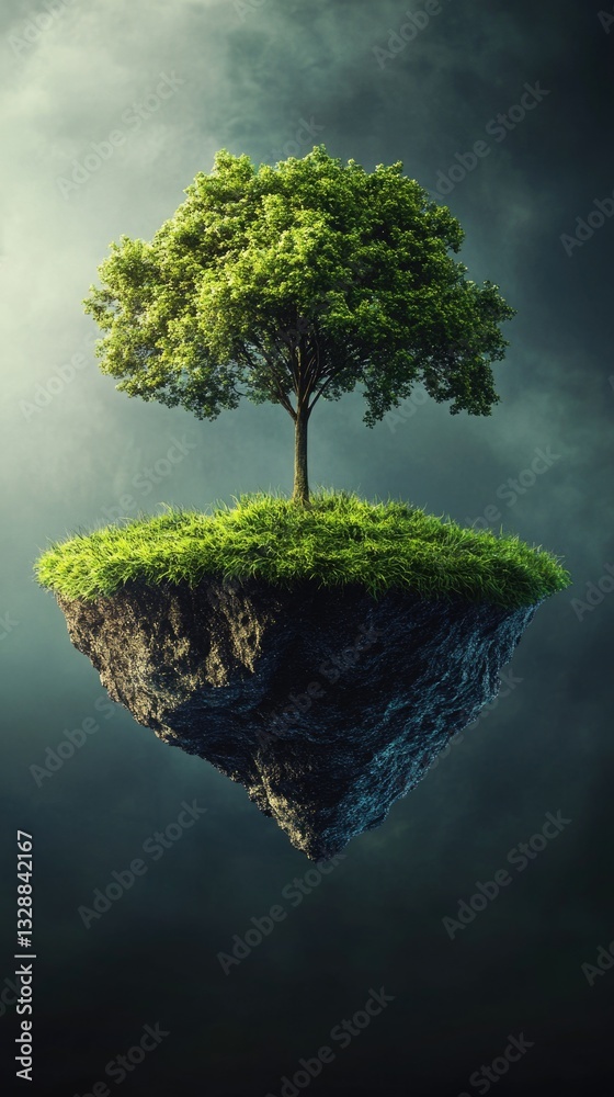 Poster a small island with a single tree standing tall on its peak