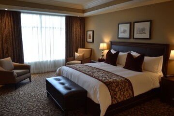 Elegant hotel room showcasing modern decor and a cozy atmosphere in a luxury setting
